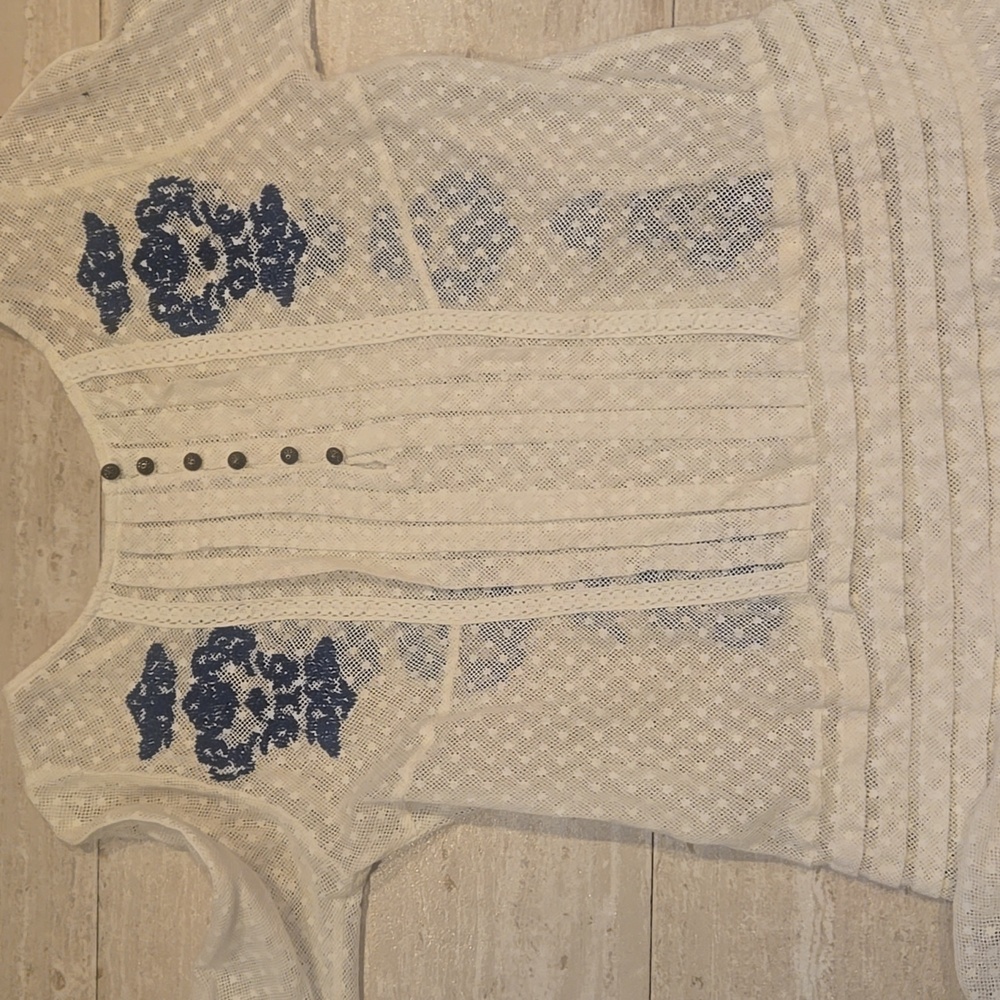 Free People Creamy White Lacey Sheer Tunic Top With Blue Embroidered Accents - Picture 10 of 13
